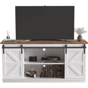 Farmhouse TV Stand in White Wood Finish with Sliding Doors for TV up to 65-inch