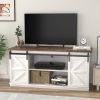Farmhouse TV Stand in White Wood Finish with Sliding Doors for TV up to 65-inch