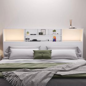 King size Bookcase Headboard in White Wood Finish with LED Lights