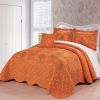 Queen size Orange Nectarine Damask Embroidered 4 Piece Oversized Bedspread Set