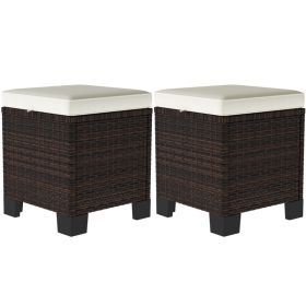 2 Piece Wicker Outdoor Ottomans With Cushions, Rattan Ottoman Footrest And Side Table For Patio, Yard, Poolside, Beige