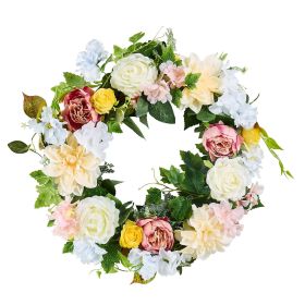 Artificial Decorative Wreath, 24 in, White Pink Yellow, Decorated with Peonies, Hydrangeas