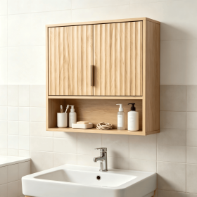 2-Door 3-Tier Slatted Bathroom Wall Cabinet 24.49"*22.83"*8.07 Oak