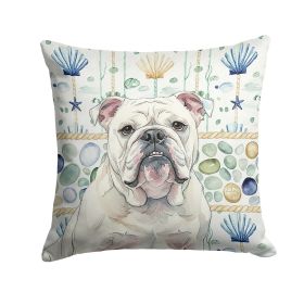 White English Bulldog Coastal Sea Glass Throw Pillow Decorative Indoor Outdoor Accent Cushion for Couch, Bed or Patio, 14Hx14W