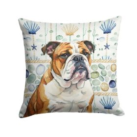 Brindle and White English Bulldog Coastal Sea Glass Throw Pillow Decorative Indoor Outdoor Accent Cushion for Couch, Bed or Patio, 14Hx14W