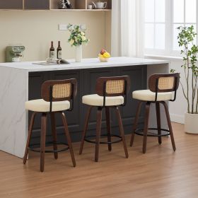 Set of 3 Counter Height Bar Stools - 26 inch Rattan Counter Height Stools with Cane Back, Upholstered Seat, Walnut Craftsmanship