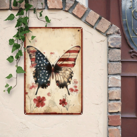 CIFbuy 1pc Vintage American Flag Butterfly Metal Wall Art, Rustic Iron Tin Sign With Floral Accents, Accents