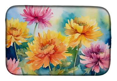 Chrysanthemums in Watercolor Dish Drying Mat Absorbent Dish Drying Mat Pad for Kitchen Counter Dish Drainer Mat for Countertop, 14 x 21", Multicolor