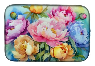 Peonies in Watercolor Dish Drying Mat Absorbent Dish Drying Mat Pad for Kitchen Counter Dish Drainer Mat for Countertop, 14 x 21", Multicolor