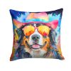 Bernese Mountain Dog Hippie Dawg Throw Pillow Machine Washable, Indoor Outdoor Decorative Pillow for Couch, Bed or Patio, 14Hx14W