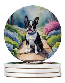 Boston Terrier Spring Path Large Sandstone Coasters Pack of 4 Absorbent Round Coasters Decor Gifts for Men or Women, 4 in, Multicolor