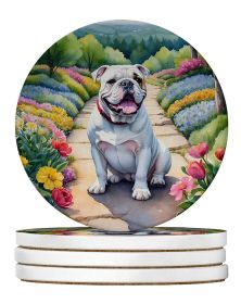 English Bulldog Spring Path Large Sandstone Coasters Pack of 4 Absorbent Round Coasters Decor Gifts for Men or Women, 4 in, Multicolor