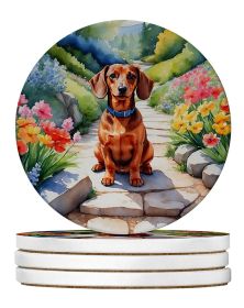 Dachshund Spring Path Large Sandstone Coasters Pack of 4 Absorbent Round Coasters Decor Gifts for Men or Women, 4 in, Multicolor