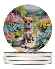 Chihuahua Spring Path Large Sandstone Coasters Pack of 4 Absorbent Round Coasters Decor Gifts for Men or Women, 4 in, Multicolor