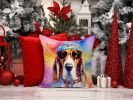 Basset Hound Hippie Dawg Throw Pillow Machine Washable, Indoor Outdoor Decorative Pillow for Couch, Bed or Patio, 14Hx14W