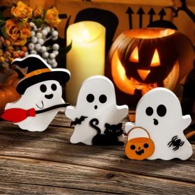 Cute Ghost Halloween Decorations Indoor, Wooden Tiered Tray Decor Table Sign Set Of 3, Black Cat Bat Witch Broom Signs Pumpkin Blocks For Party (Option: Defaulttitle)