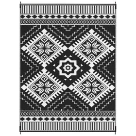 Reversible Outdoor Rug, Waterproof Plastic Straw With Carry Bag, 9 X 12, White & Black Toothed Rhombus (Option: WHITE)