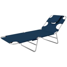 Folding Outdoor Chaise Lounge Chair Tanning Chair With 5-Level Adjustable Back, Side Table, Pillow, Pocket (Color: Dark Blue)