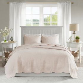 King Size 3 Piece Reversible Scalloped Edges Microfiber Quilt Set (Color: Blush)