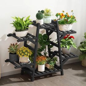 Indoor Outdoor Bamboo Wood 6-Shelf Flower Pot Plant Stand (Color: Black)