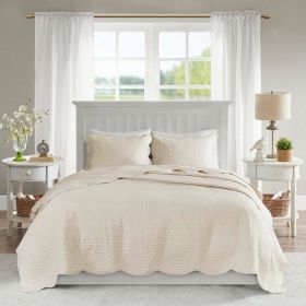 King Size 3 Piece Reversible Scalloped Edges Microfiber Quilt Set (Color: Cream)