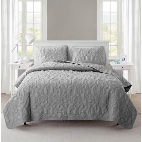King Coastal Beach Embossed Starfish Seashell Seahorse 3-Piece Quilt Set (Color: Grey)