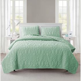 Queen Coastal Beach Embossed Starfish Seashell Seahorse 3-Piece Quilt Set (Color: Light Green Teal)