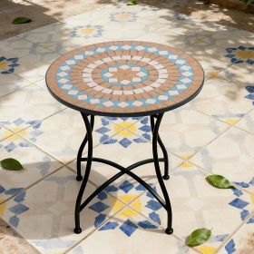 Round 24-inch Mosaic Tile Star Pattern Bistro Table with Metal Legs (Color: Blue Beige)