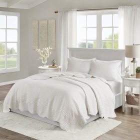 King Size 3 Piece Reversible Scalloped Edges Microfiber Quilt Set (Color: White)