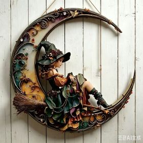 Halloween New Hot Selling Riding Broom Magical Witch Creative Wooden Printing Doors and Windows Garden Hanging Decoration (Color: 9, size: 20*20*0.5)