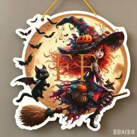Halloween New Hot Selling Riding Broom Magical Witch Creative Wooden Printing Doors and Windows Garden Hanging Decoration (Color: 1, size: 30*30*0.5)