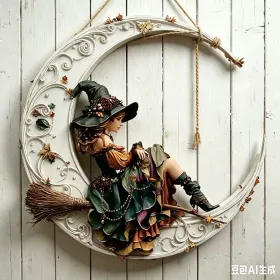 Halloween New Hot Selling Riding Broom Magical Witch Creative Wooden Printing Doors and Windows Garden Hanging Decoration (Color: 27, size: 20*20*0.5)