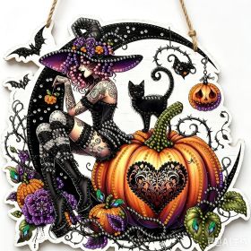 Halloween New Hot Selling Riding Broom Magical Witch Creative Wooden Printing Doors and Windows Garden Hanging Decoration (Color: 16, size: 15*15*0.5)