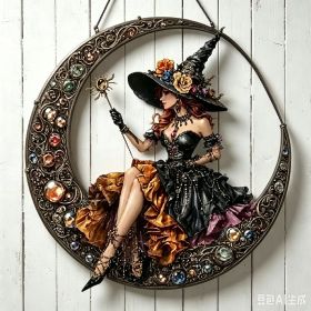 Halloween New Hot Selling Riding Broom Magical Witch Creative Wooden Printing Doors and Windows Garden Hanging Decoration (Color: 10, size: 15*15*0.5)