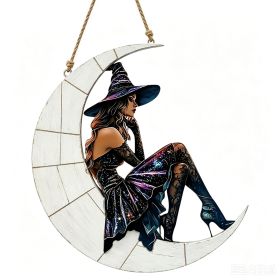 Halloween New Hot Selling Riding Broom Magical Witch Creative Wooden Printing Doors and Windows Garden Hanging Decoration (Color: 17, size: 30*30*0.5)