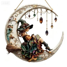 Halloween New Hot Selling Riding Broom Magical Witch Creative Wooden Printing Doors and Windows Garden Hanging Decoration (Color: 26, size: 30*30*0.5)