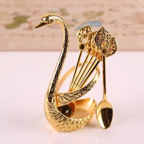 1pc; Coffee Dessert Spoon Set; Fruit Cake Coffee Tea Spoon; Swan Shaped Base Holder Cutlery Set; Zinc Alloy Metal Tableware (Color: golden, size: Spoon)