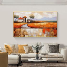 Hand Painted Oil Painting Abstract Village Oil Painting on Canvas Large Wall Art Original Minimalist Orange Landscape Art Custom Painting Boho Li (Style: 01, size: 70x140cm)