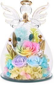 Gifts for Mom Birthday Gifts for Women Preserved Rose Forever Flower in Glass Angel Figurines Fresh Flowers for Delivery Anniversary Mothers Day (Color: Spring Rainbow(rose, Austin, Baby's Breath, Hydrangea))