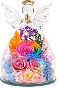 Gifts for Mom Birthday Gifts for Women Preserved Rose Forever Flower in Glass Angel Figurines Fresh Flowers for Delivery Anniversary Mothers Day (Color: Sunset Rainbow(rose, Austin, Baby's Breath, Hydrangea))