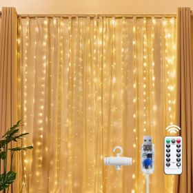 300 LED Fairy Curtain Lights  Warm White Curtain String Lights USB Plug In 8 Lighting Modes Christmas Decoration, Hanging Lights (Option: YELLOW)